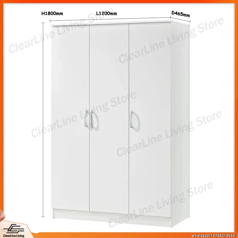 White 3 Door Wardrobe Armoire with Shelf and Hanging Rail