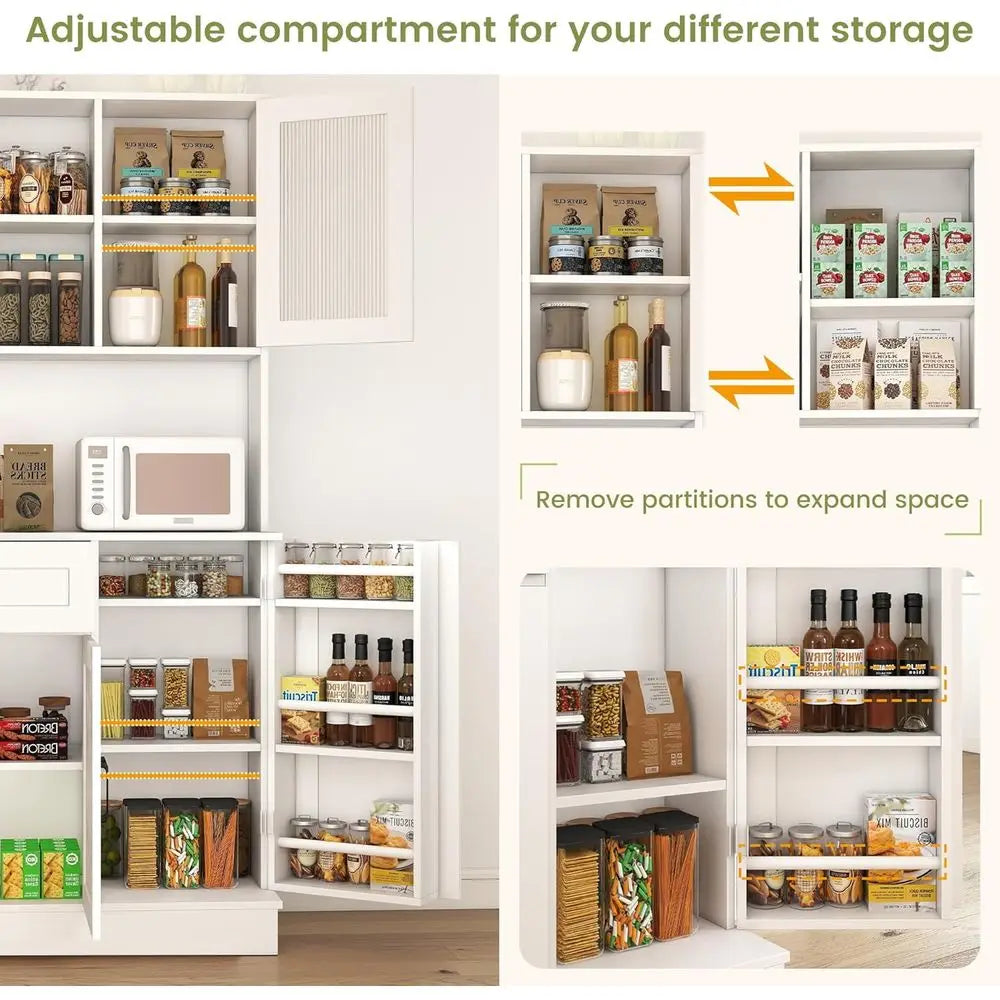 White Kitchen Storage Cabinet with 4 Doors & Adjustable Shelves