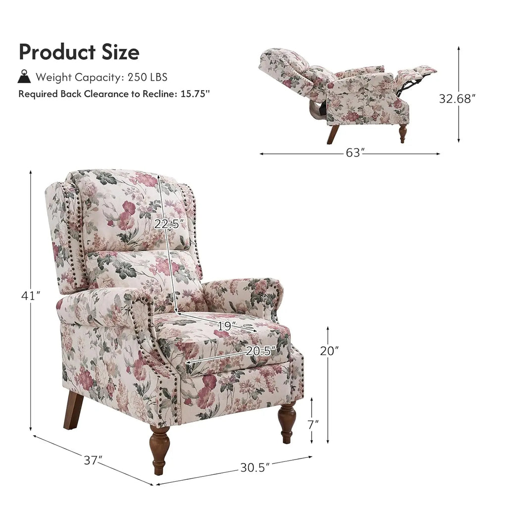 Floral Upholstered Pushback Recliner Wingback Accent Chair