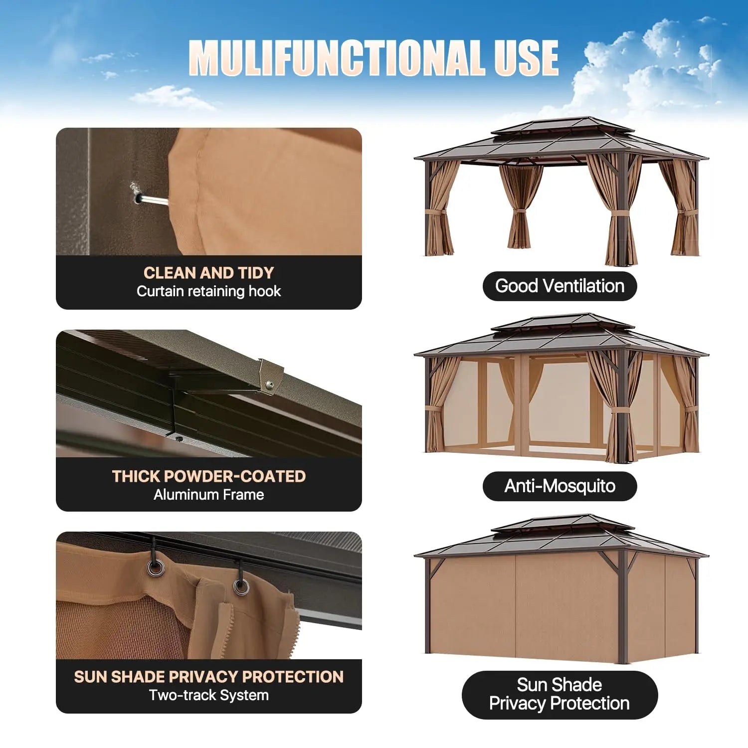 Hardtop Gazebo Double Roof Metal Frame Curtains & Netting