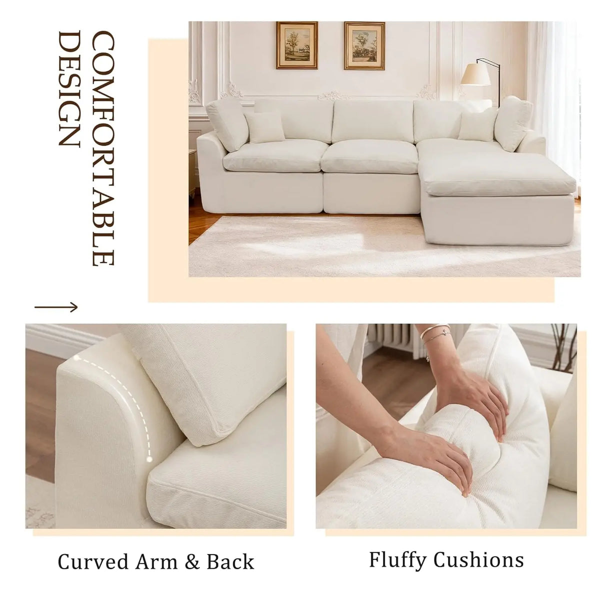 110" Modular Sectional Sofa with Ottoman, Deep Seat Fluffy Chenille, L-Shape Couch