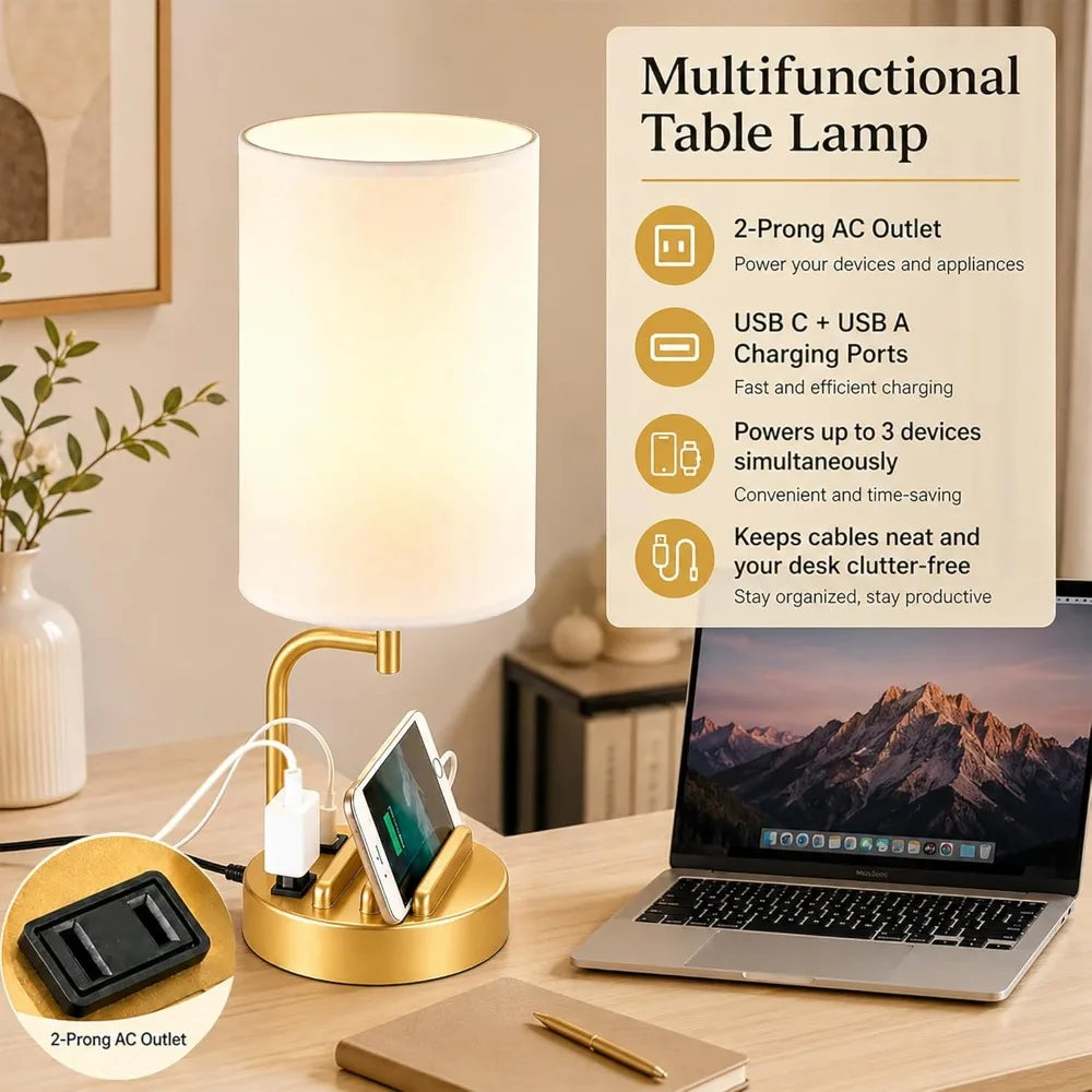 Touch Control USB Table Lamp with USB C/A & AC Outlet,