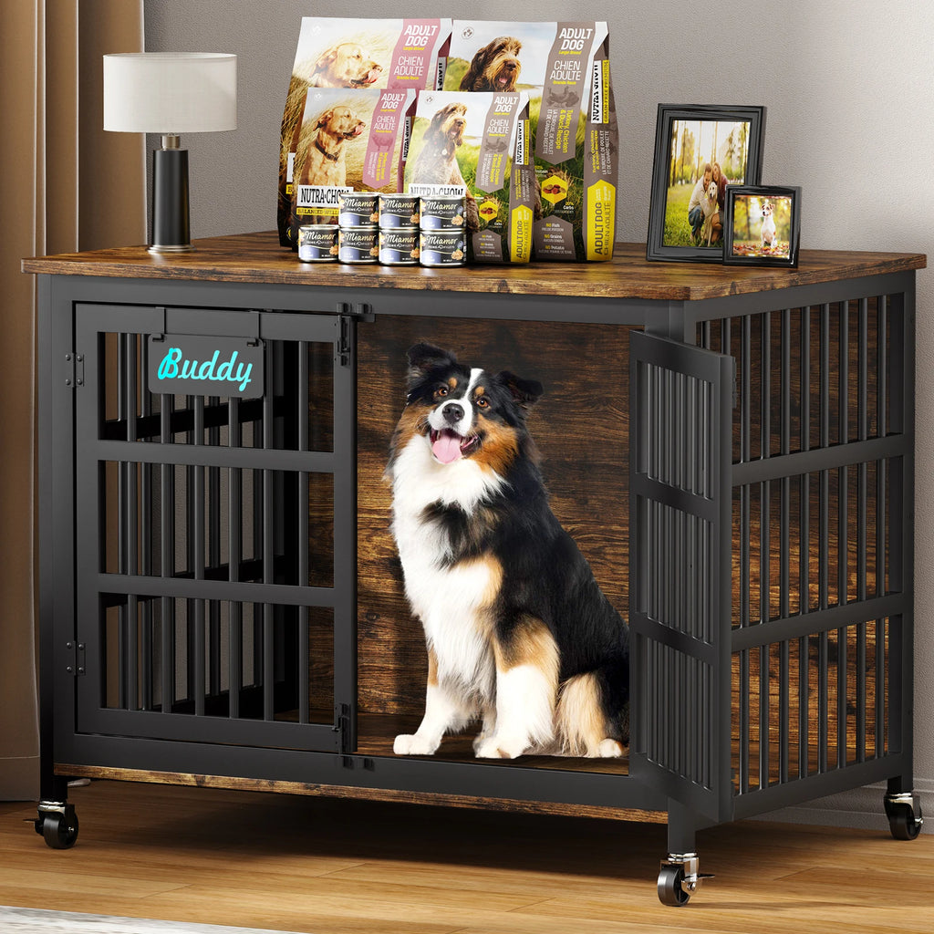 Dog Crate Furniture with Casters, Heavy Duty Dog Kennel