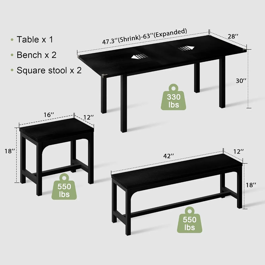 5 Piece Dining Table Set For 4 To 8 People With 2 Benches And 2 Square Stools
