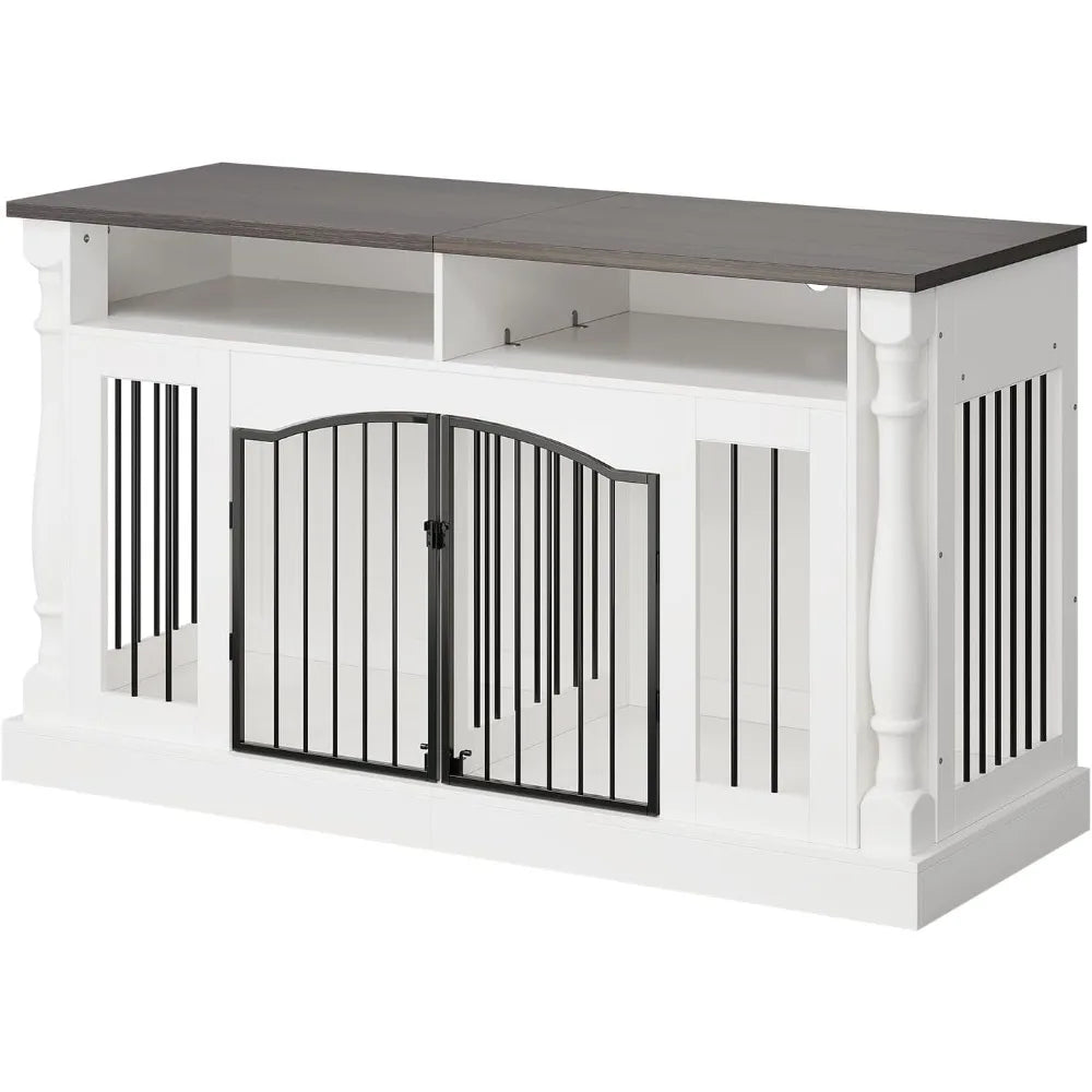 Roman Column 63 Inch Large Dog Crate Furniture for 2 Dogs with Open Storage, Heavy Duty Dog Kennel Entertainment Table TV Stand for Small and Medium Dogs
