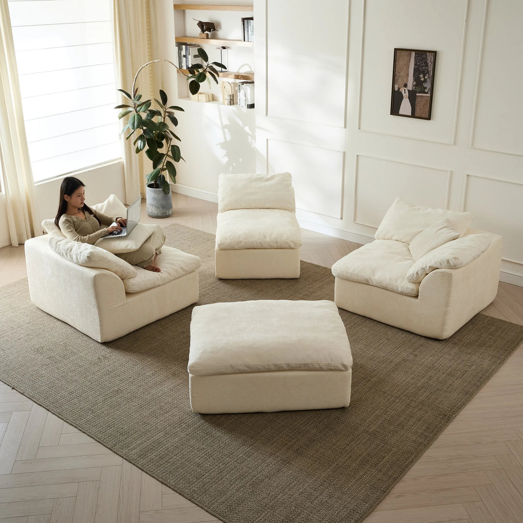 Modern Cloud L-Shaped 3-Seater Oversized Deep Seat Chenille Fabric Sofa with Ottoman