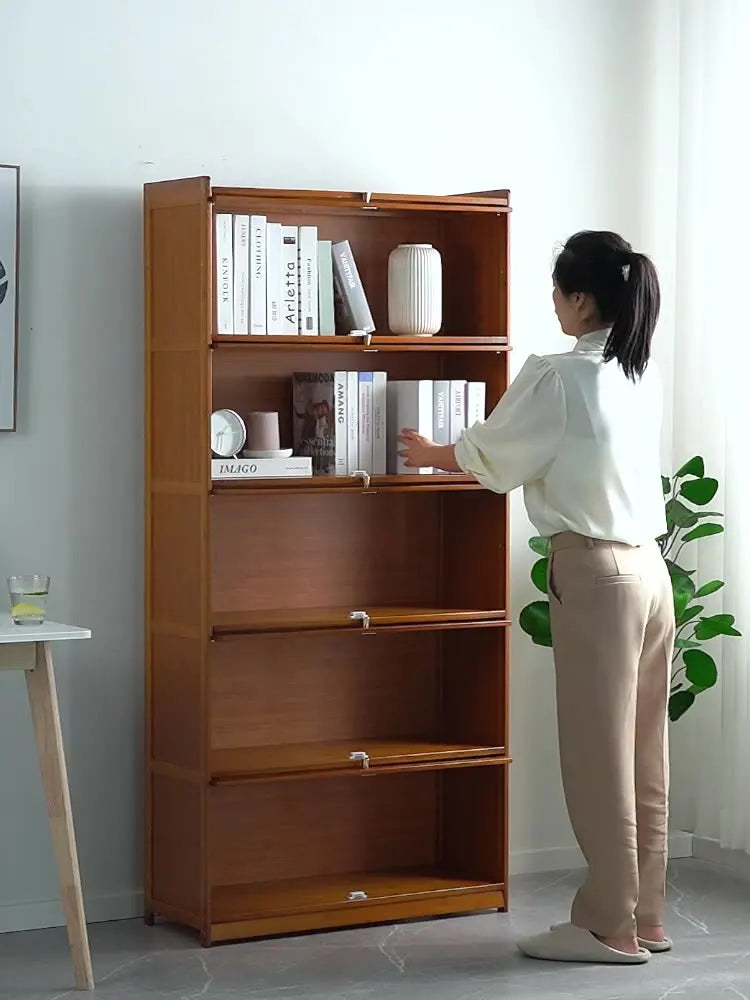 Modern Bamboo Bookshelf Storage Cabinet with Flip Doors 4/5/6 Tier Bookcase