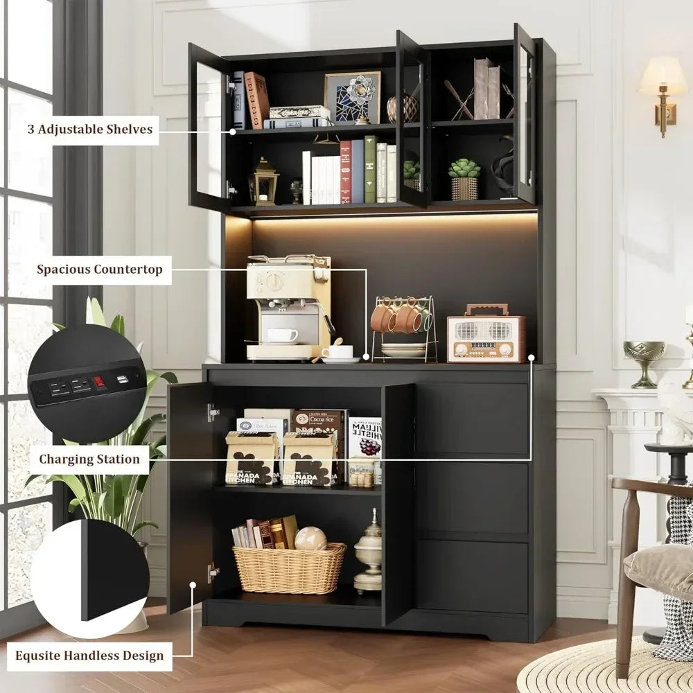 Modern Kitchen Cabinet Hutch Cabinet with Storage,71" Kitchen Pantry Cabinet with LED Lights and Charging Station