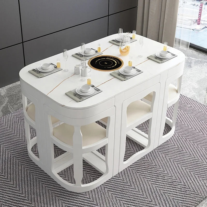 Modern Square Marble Top Complete Dining Table Set of 4 or 6 Chairs for Home Use