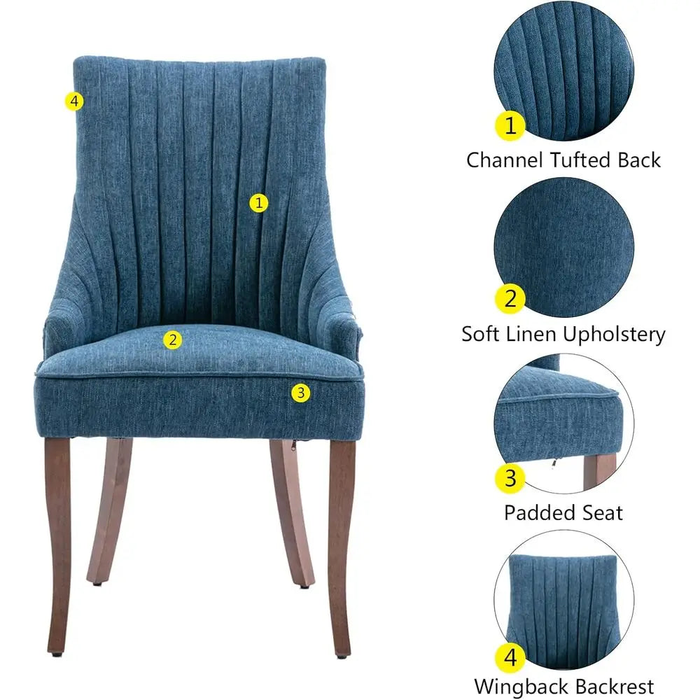 Blue Linen Upholstered Dining Chairs Set of 2