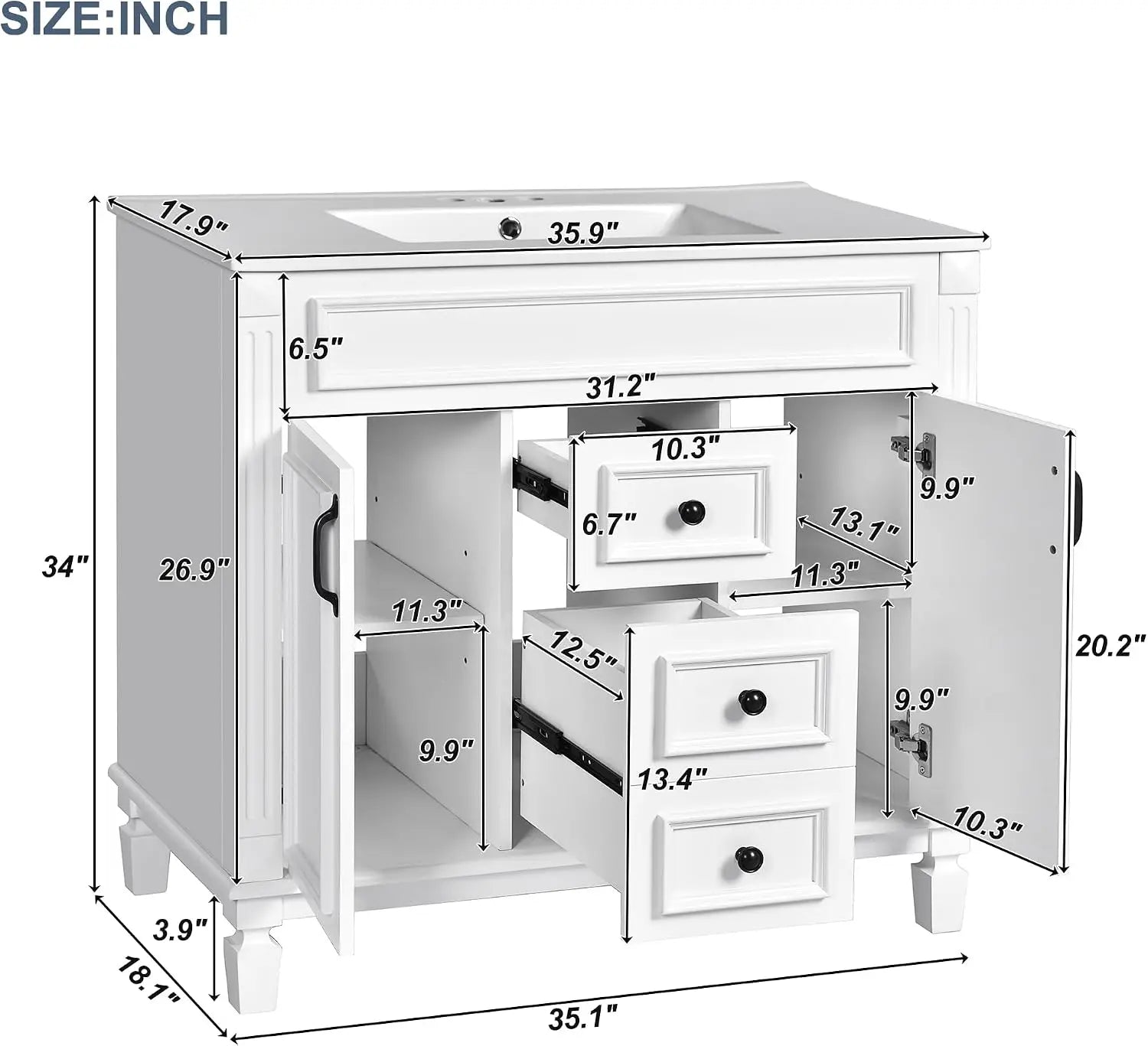 36'' Bathroom Vanity with Ceramic Sink, 2 Doors 2 Drawers