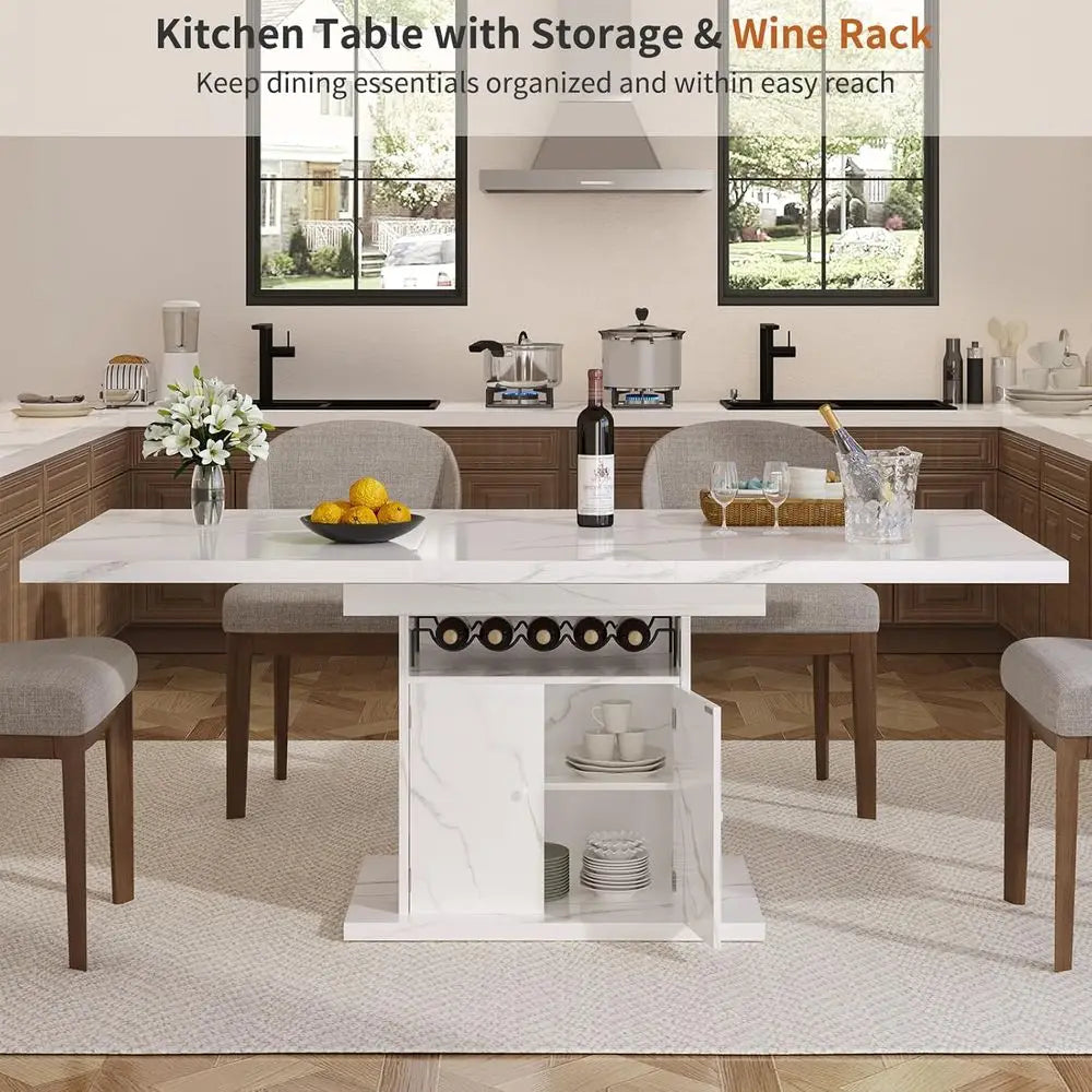 Expandable Marble Top Dining Table, Seats 4-6, 47-63 Inches with Storage