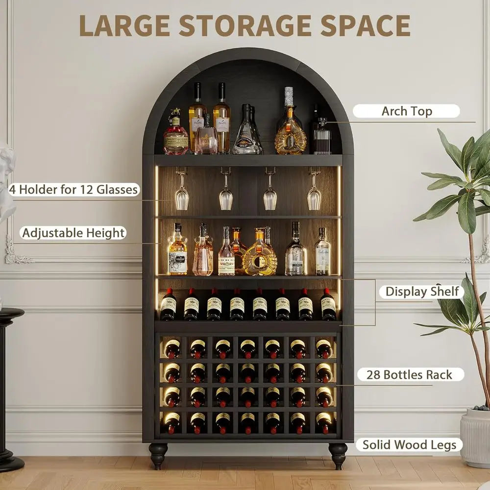 Arched Wine Bar Cabinet with Racks, Glass Holder, LED Lights, Charging Ports for Kitchen