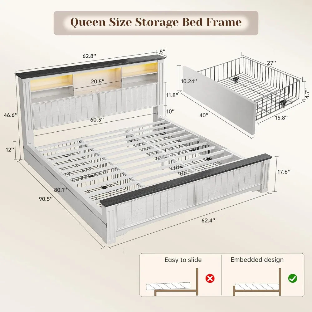 White Queen Bed Frame with Headboard and Storage, LED