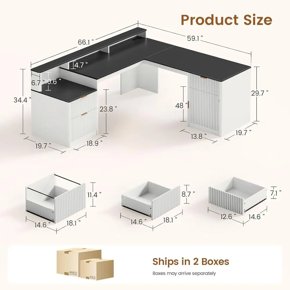 L-Shaped Desk with Drawers, Hutch, File Cabinet, Printer Shelf, LED Lights, Power Out