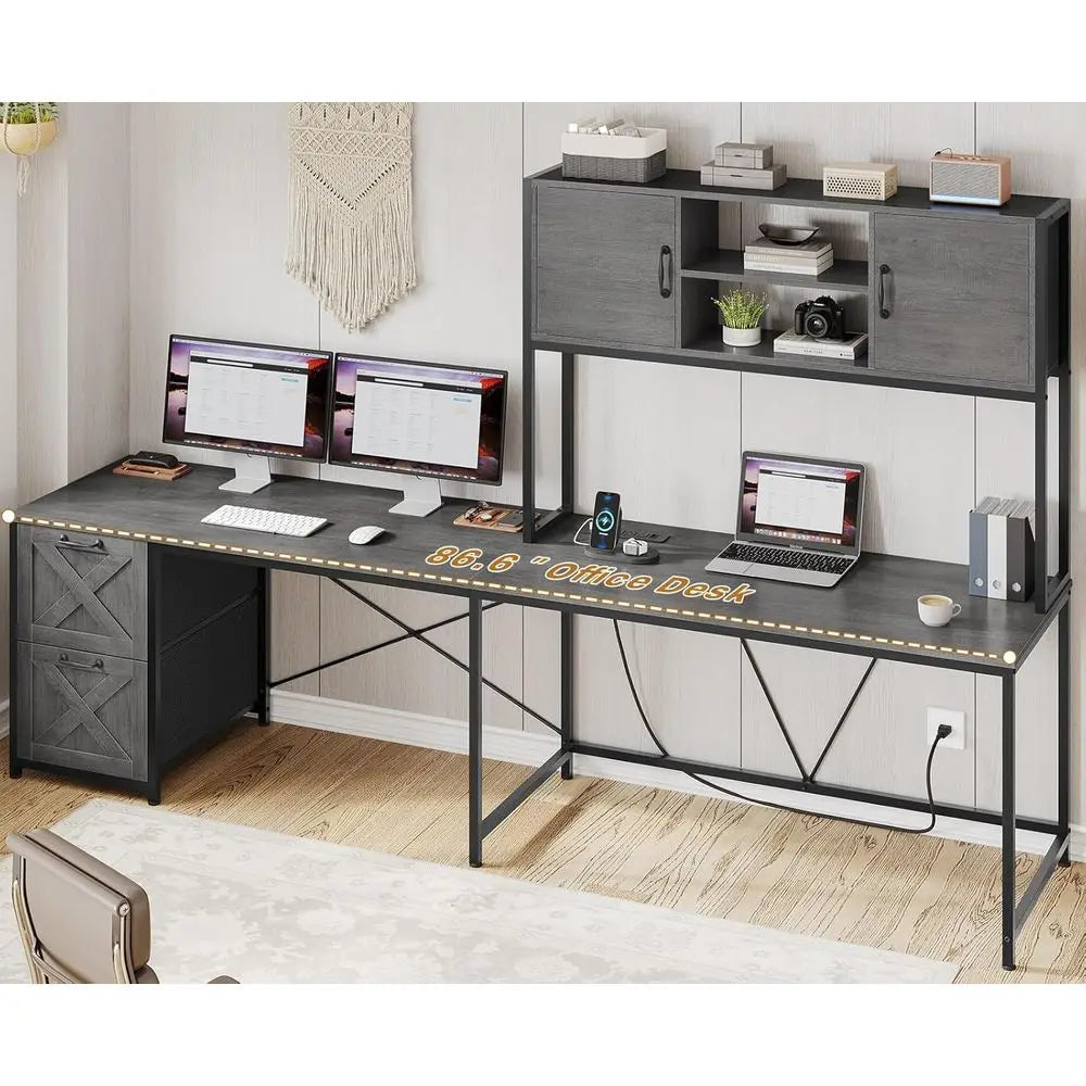 Grey L-Shaped Gaming Desk with Fabric Drawers, Power Outlet, LED Lights, Hutch