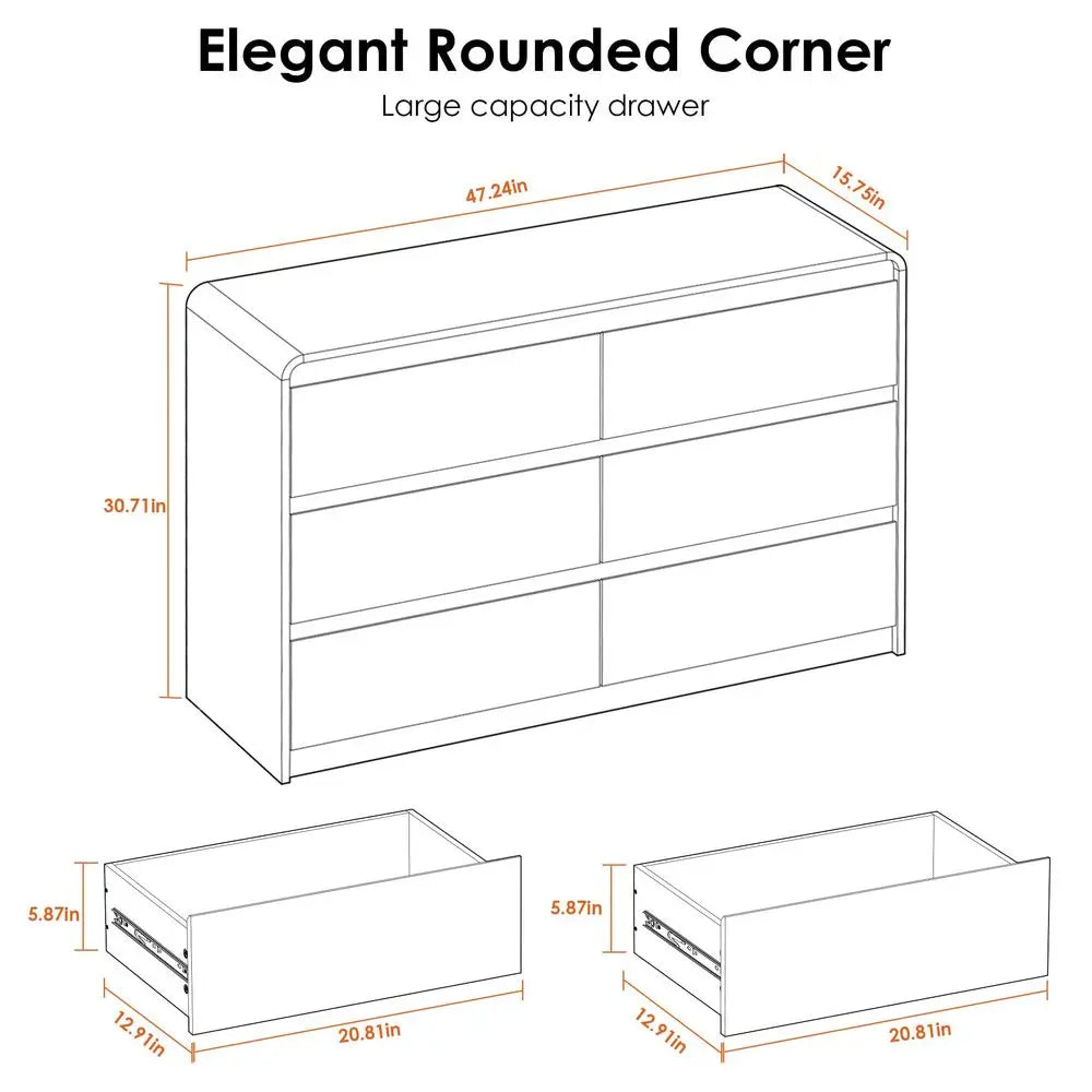 6 Drawer Dresser, 47 Wide Walnut Dresser Chest of Drawers