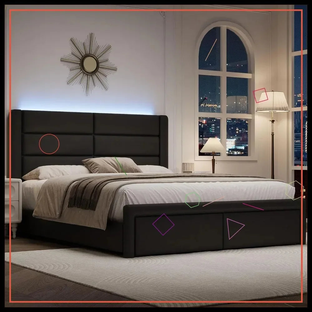 Queen LED Bed Frame with Headboard, Faux Leather Upholstery, Wooden Slats Support, Easy Assembly Black