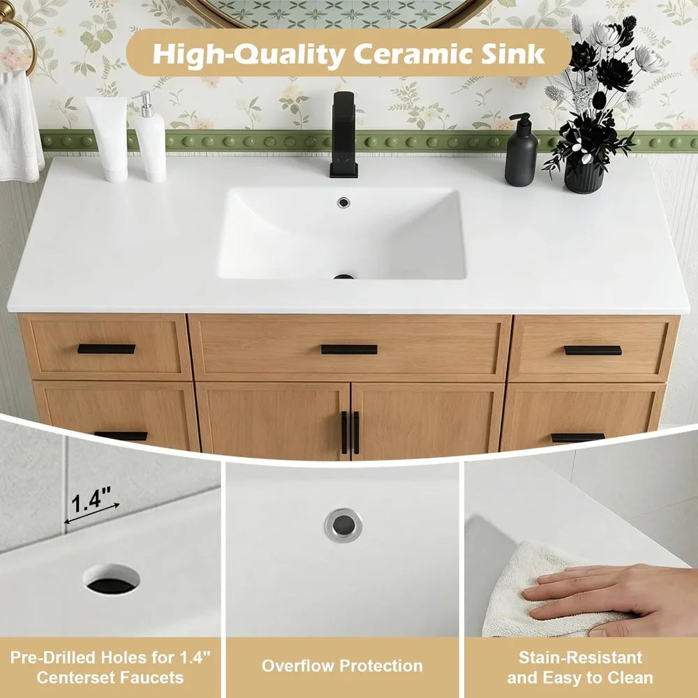 48" Bathroom Vanity with Sink, 6 Drawers 2 Doors, Freestanding, Ceramic Basin, Floor Standing Storage
