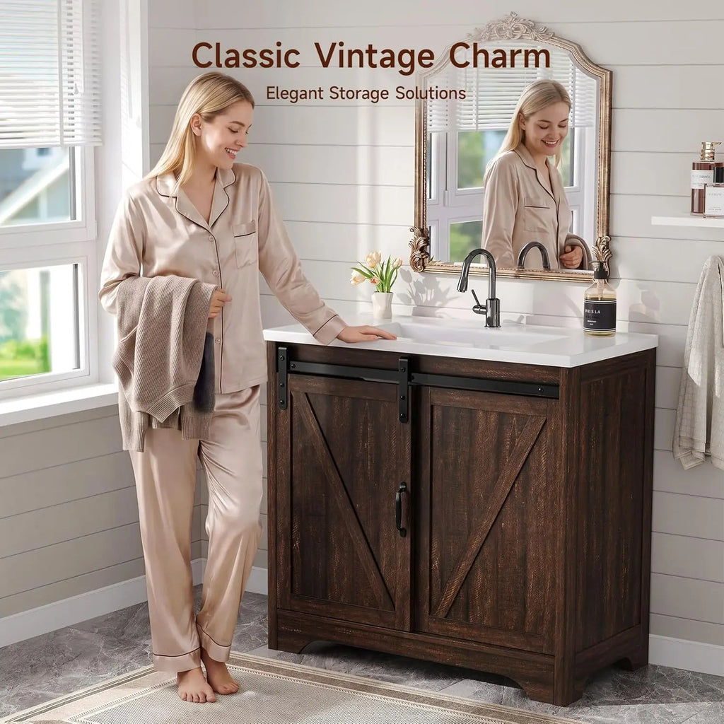 36" Bathroom Vanity with Sink Combo, Farmhouse Sliding Barn Door