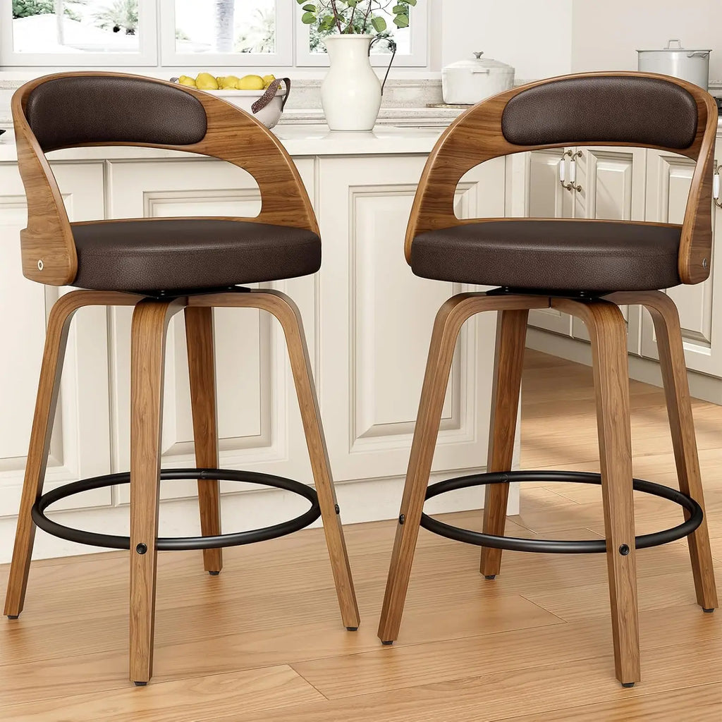 26in Bentwood Counter Stools Set 3 Leather Swivel