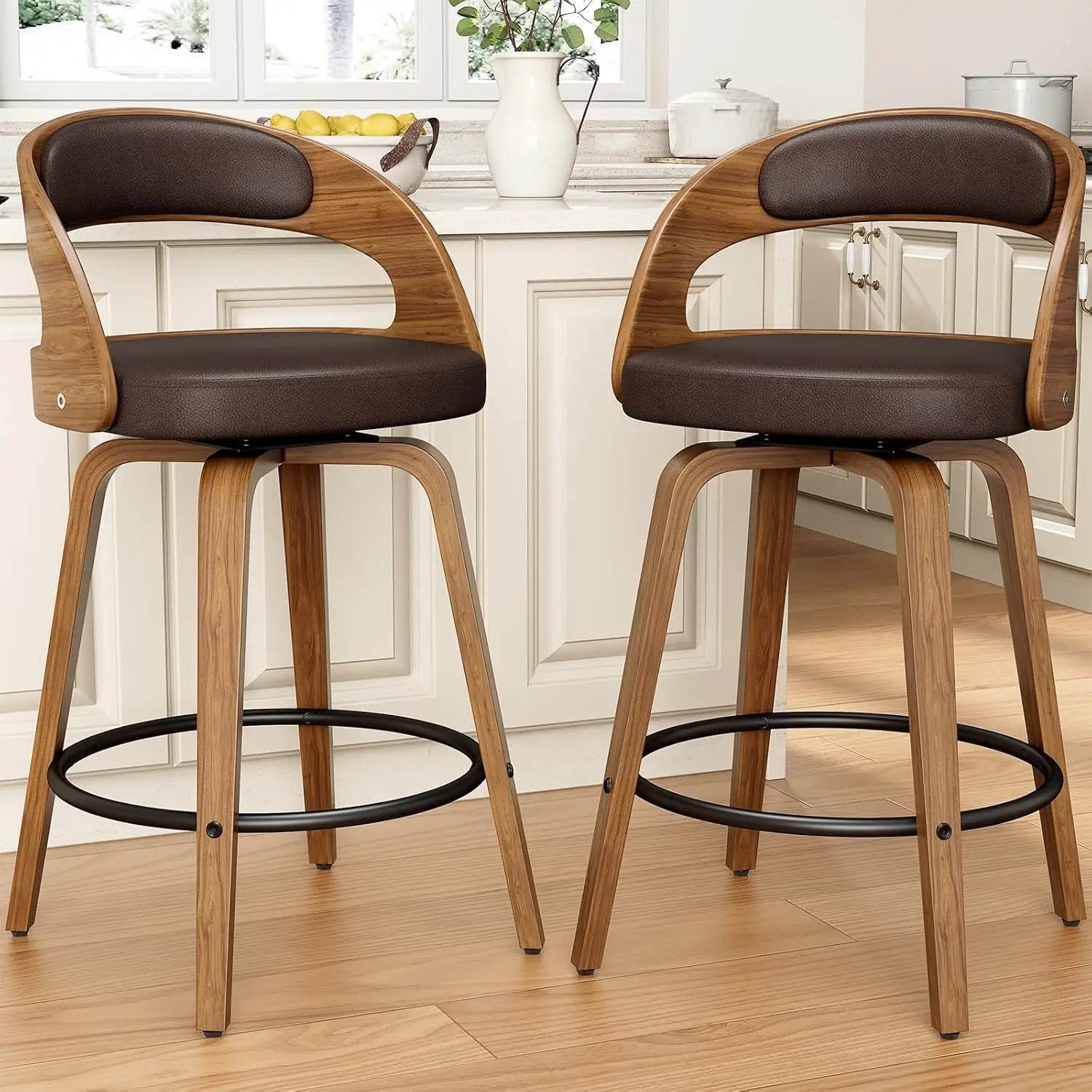 26in Bentwood Counter Stools Set 3 Leather Swivel