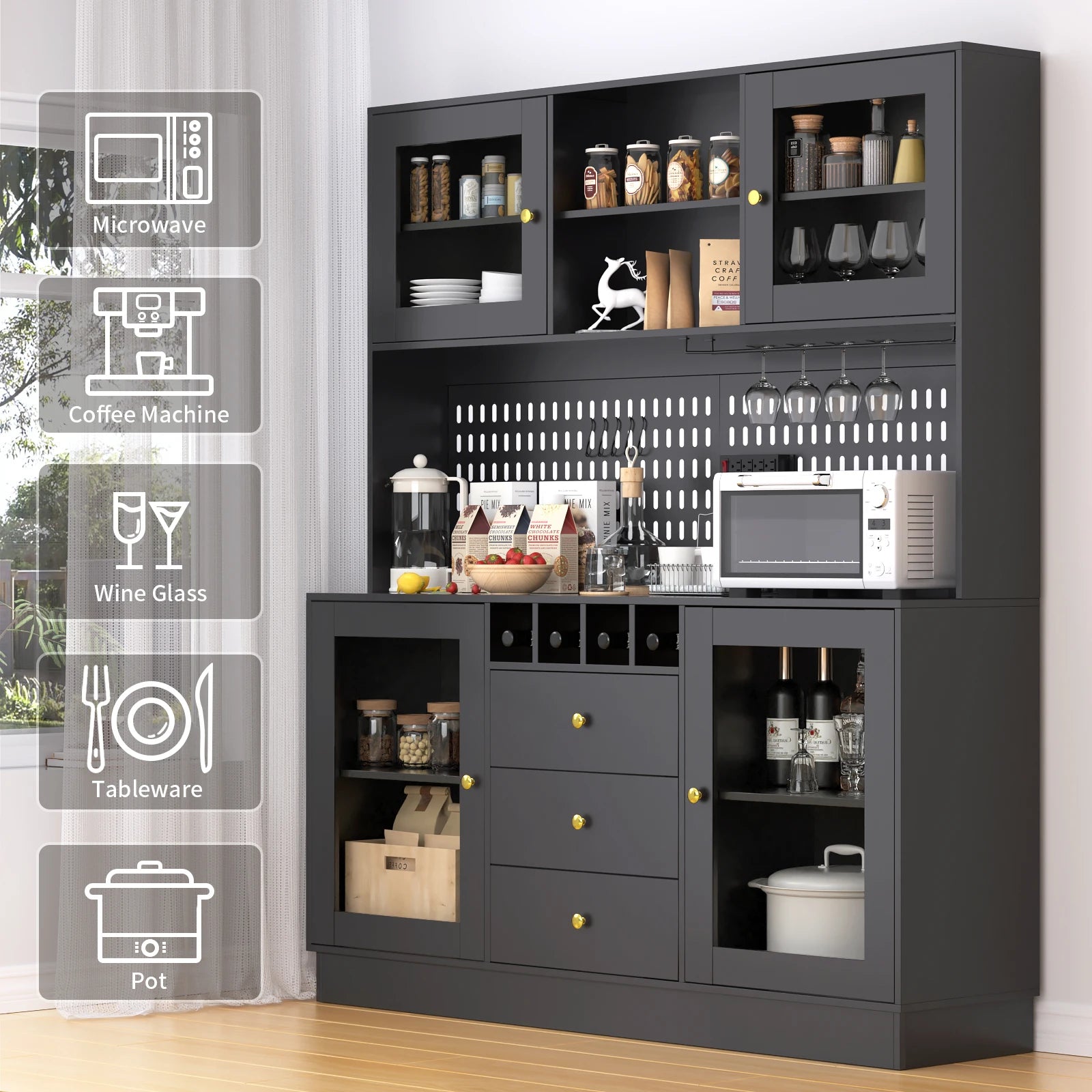 Kitchen Storage Cabinet, Buffet Hutch with Pegboard, Cup Holder