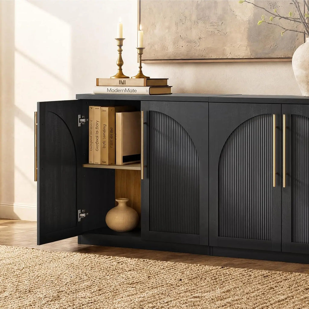 Set of 2 Arched Sideboard Cabinets, 62" Modular Storage Buffet Table with Wave-Panel Doors, Black Wood Grain Media, Customized