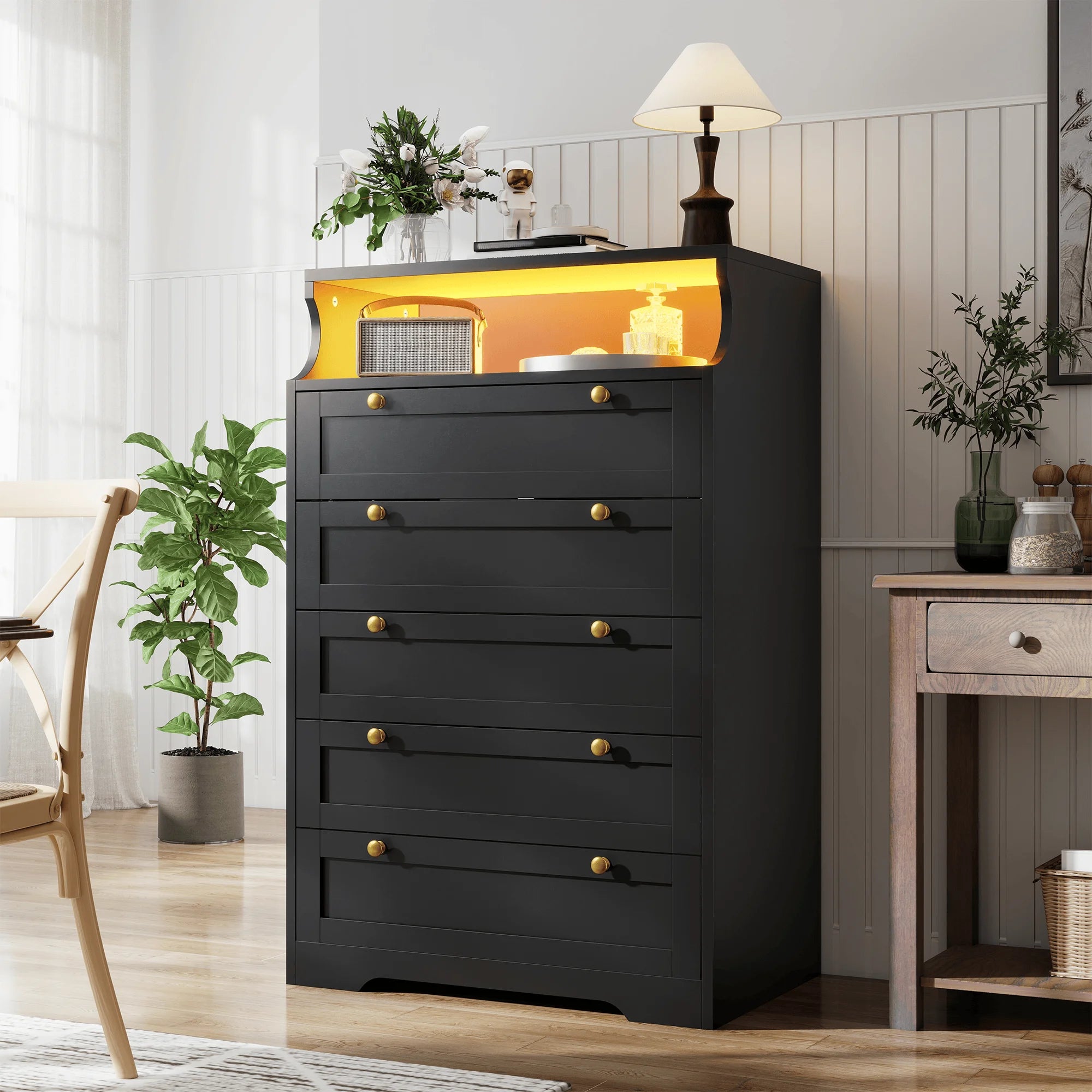 Tall 5 Drawer Dresser with LED Lights and 2 Shelves