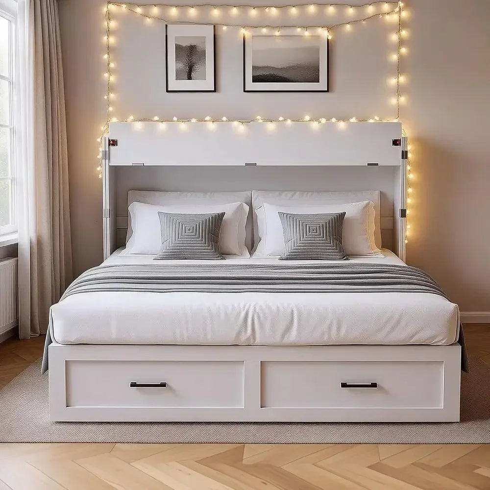Queen Size Storage & Charging Station Murphy Bed with Motion Sensor Lights, White