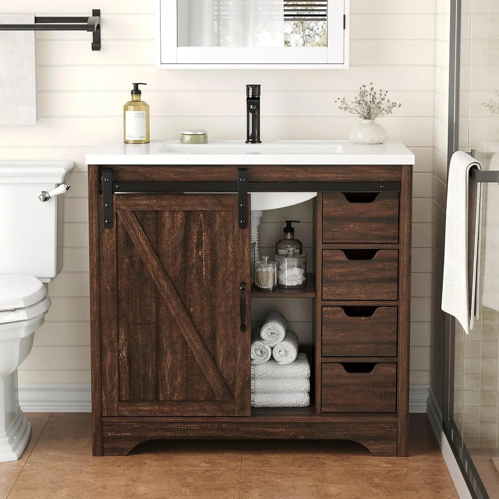36" Bathroom Vanity with Sink Combo, Farmhouse Sliding Barn Door