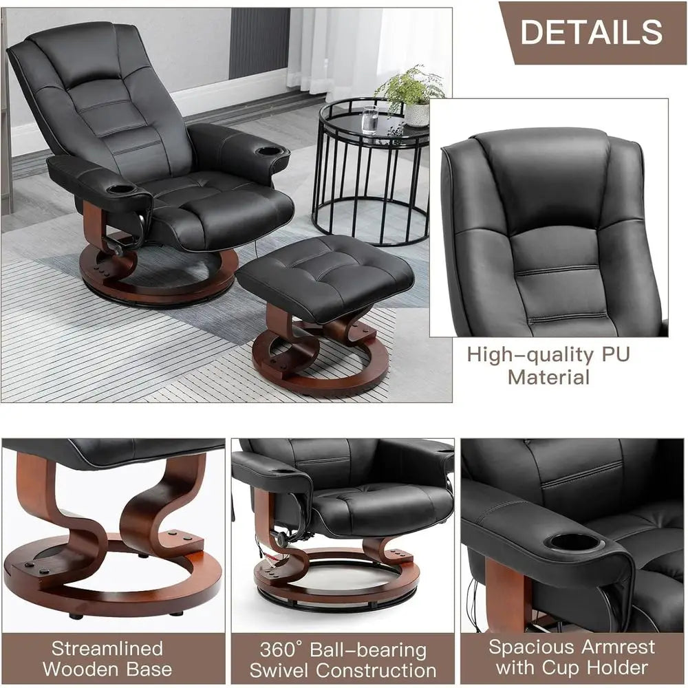 Black Leather Electric Massage Recliner with Ottoman and Swivel Lounge Chair for Relaxation in Living Room, Office, and Bedroom