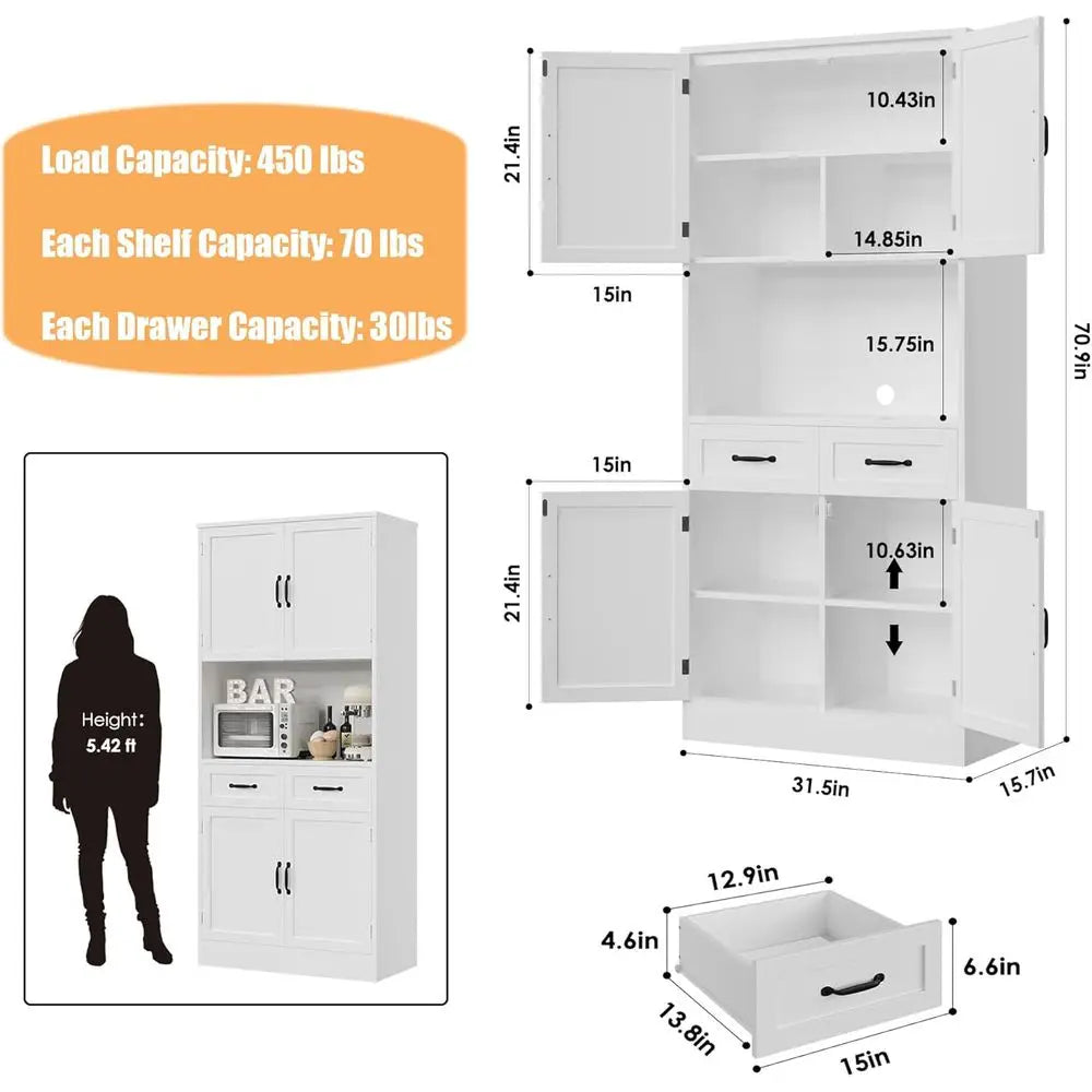 71-inch Tall White Kitchen Pantry Cabinet with Microwave Stand and Hutch for Dining Room Storage