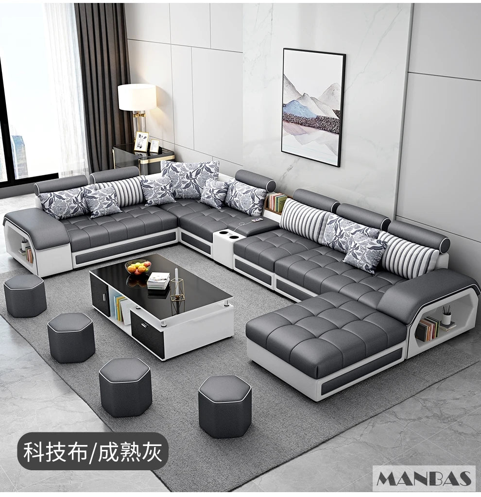 Fabric Sofa Set Furniture, Living Room Sofa Set, with USB and Stools / Big U Shape Cloth Couch Sofas for Home Furniture