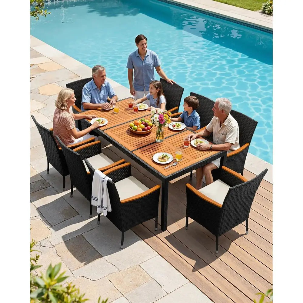 9-Piece Outdoor Acacia Wood Patio Dining Set with Cushioned Chairs
