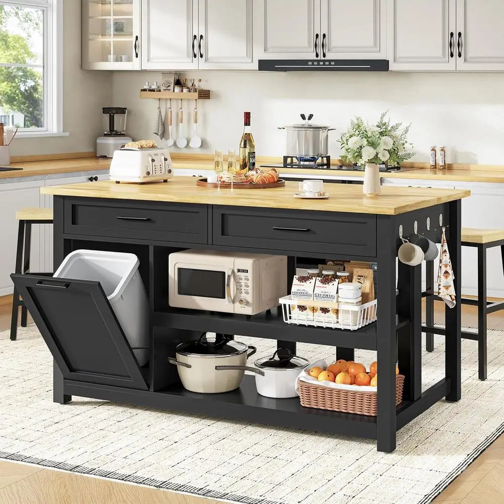 47 Solid Rubberwood Kitchen Island with Storage