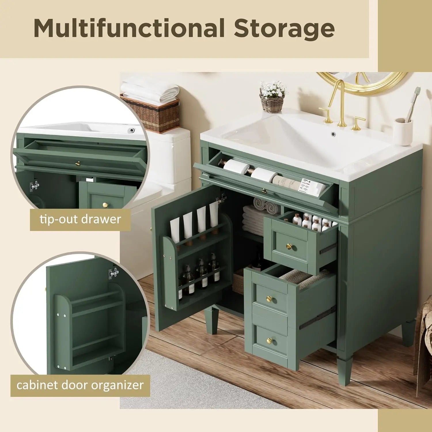 30" Bathroom Vanity Sink Modern Single Door 2 Drawers Tip-Out Drawer