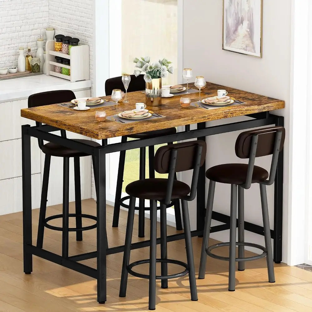 Industrial-Style Counter Height Bar Table Set with 4 Leatherette Stool Chairs, Ideal for Small Spaces