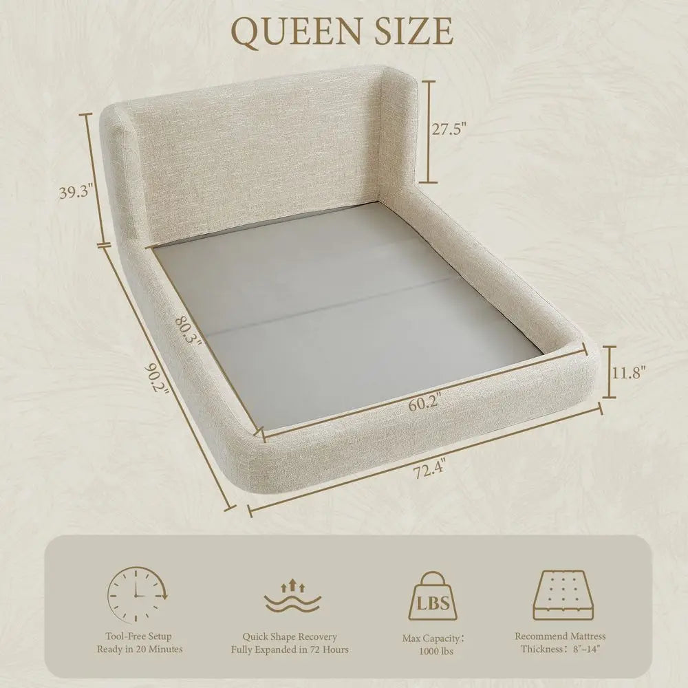 Queen Size, Fully Upholstered Platform Bed Frame with Wingback Headboard