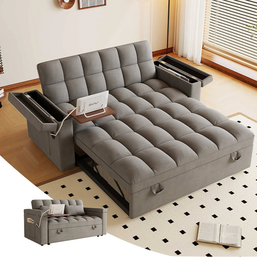 65" 3-in-1 Foldable Velvet Sofa Bed with USB Charging Port