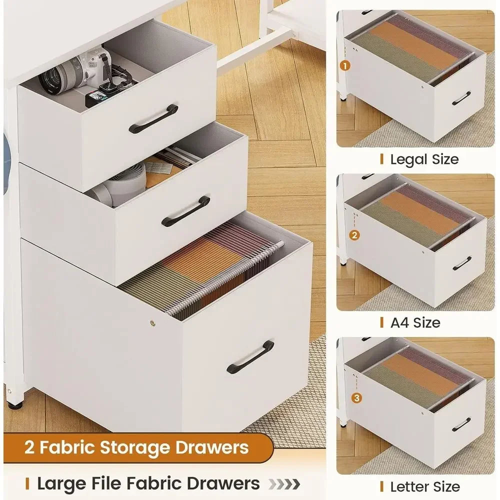 L-Shaped Desk with Storage, 3 Drawers, Bookshelf, LED Lighting
