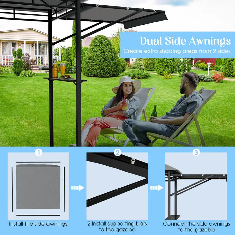 Patio BBQ Grill Gazebo Canopy with Dual Side Awnings-Gray