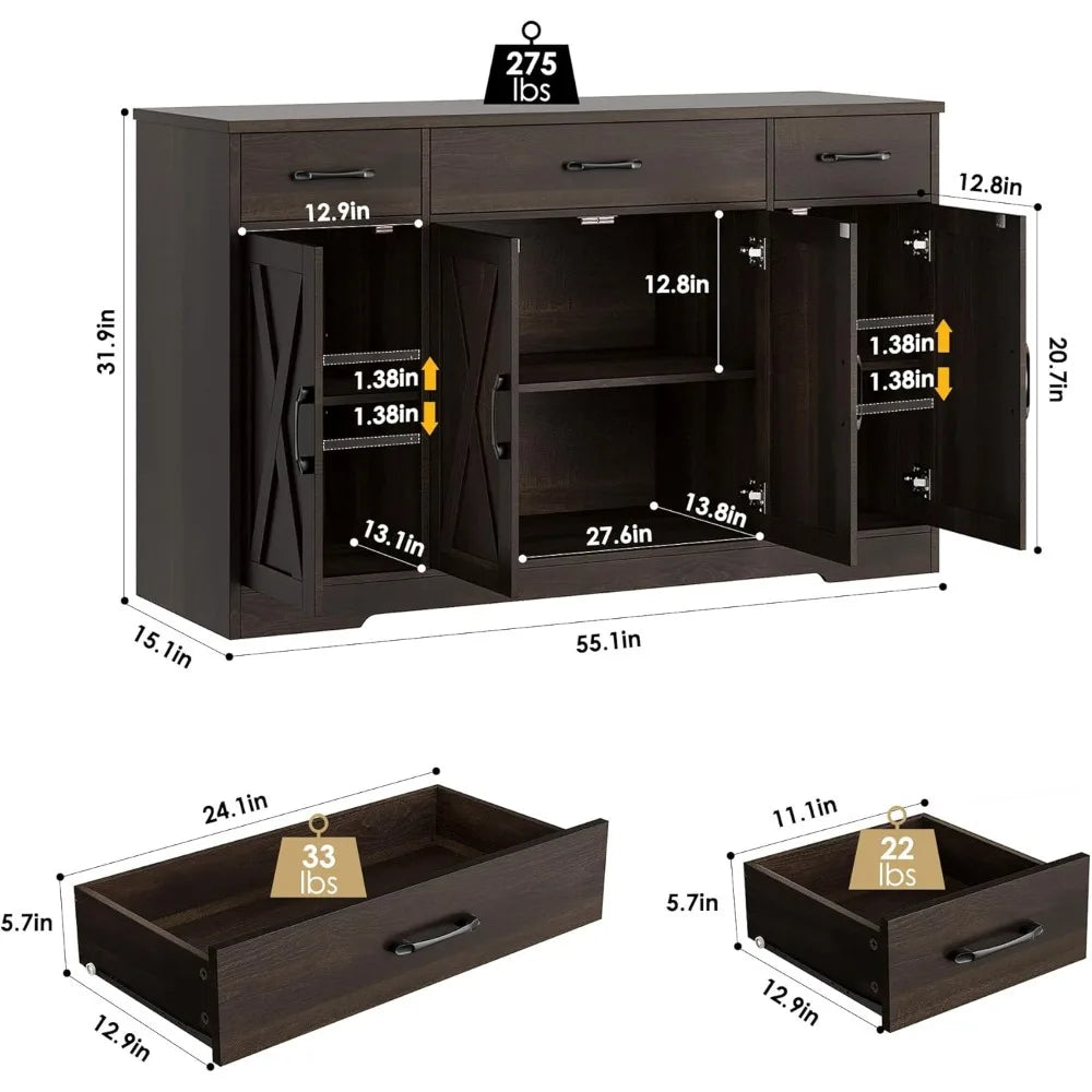 Sideboard Buffet Cabinet, Shelves, Drawers,