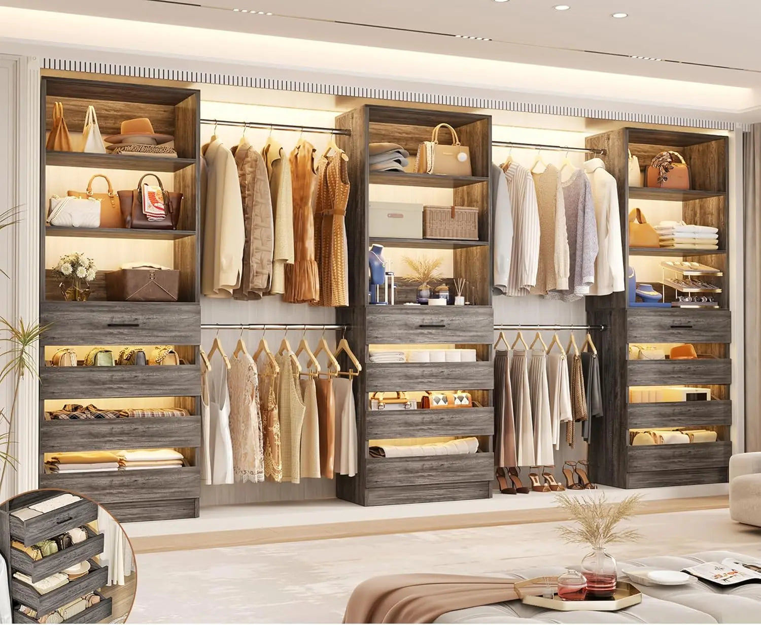 Wood Closet Organizer 12 Drawers 4 Rods 3 Towers