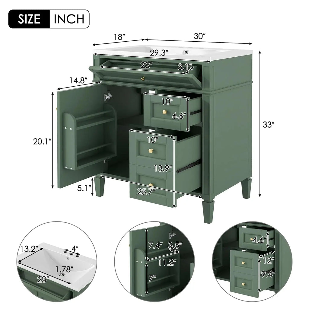 30" Bathroom Vanity Sink Modern Single Door 2 Drawers Tip-Out Drawer