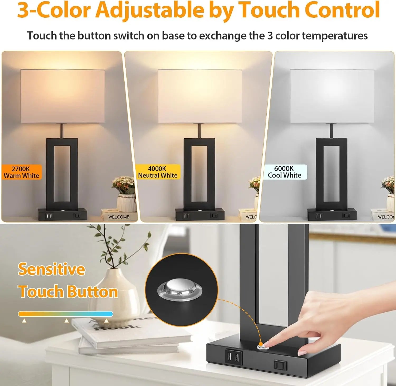 Set of 2 Table Lamps for Bedrooms with Touch Control