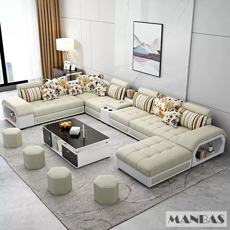 Fabric Sofa Set Furniture, Living Room Sofa Set, with USB and Stools / Big U Shape Cloth Couch Sofas for Home Furniture