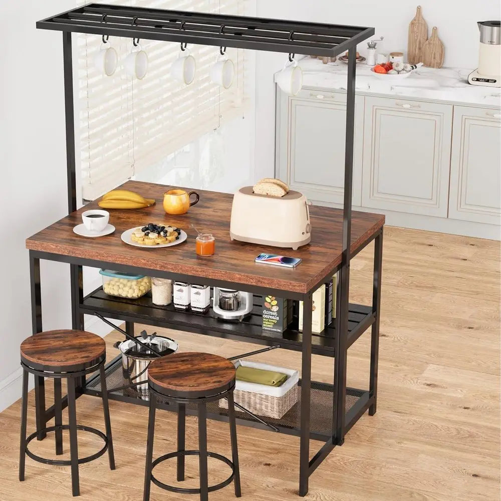 42 Kitchen Island with Storage, Seating, and 3-Tier Baker's Rack for Dining and Living Spaces