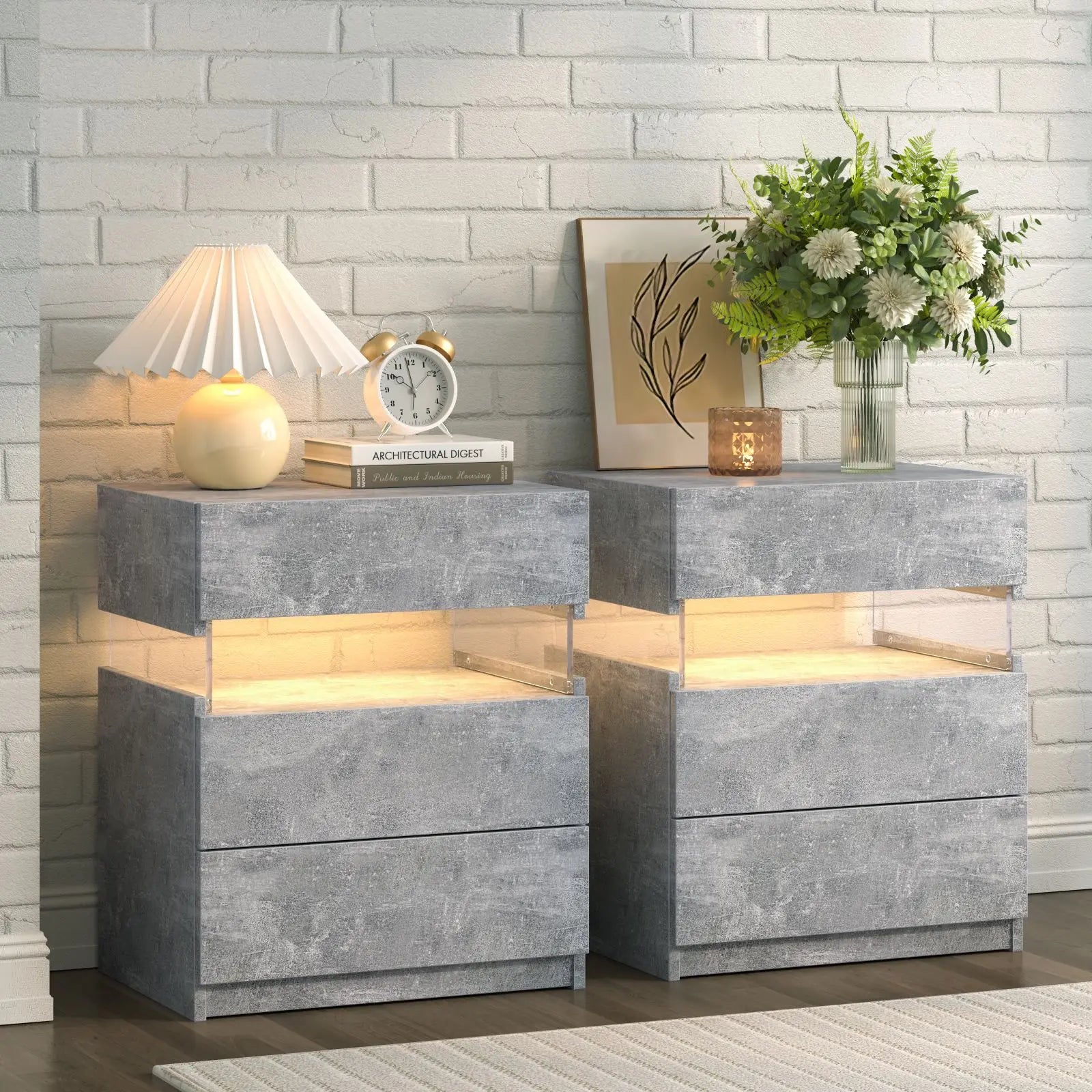 Bedside Tables with LED Lighting 3 Drawers