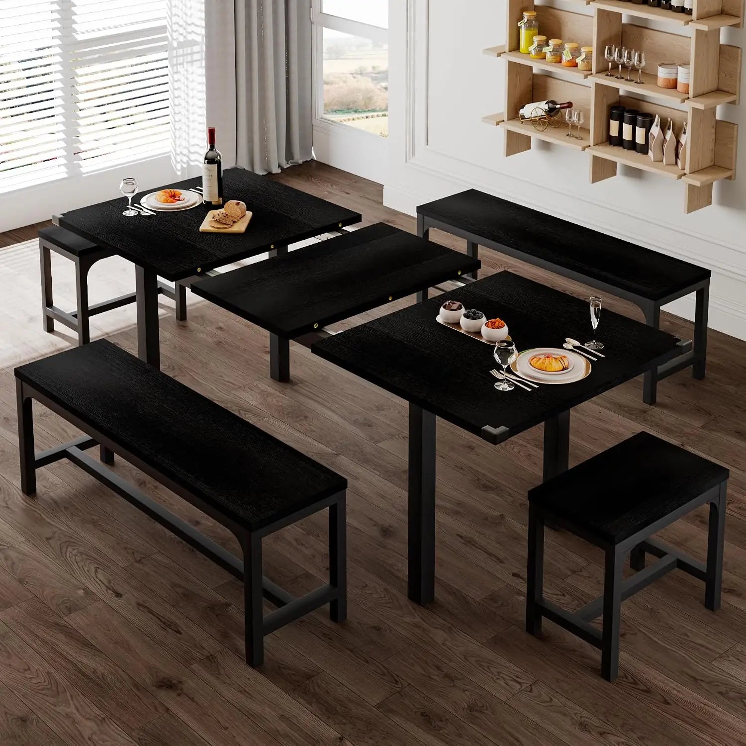5 Piece Dining Table Set For 4 To 8 People With 2 Benches And 2 Square Stools